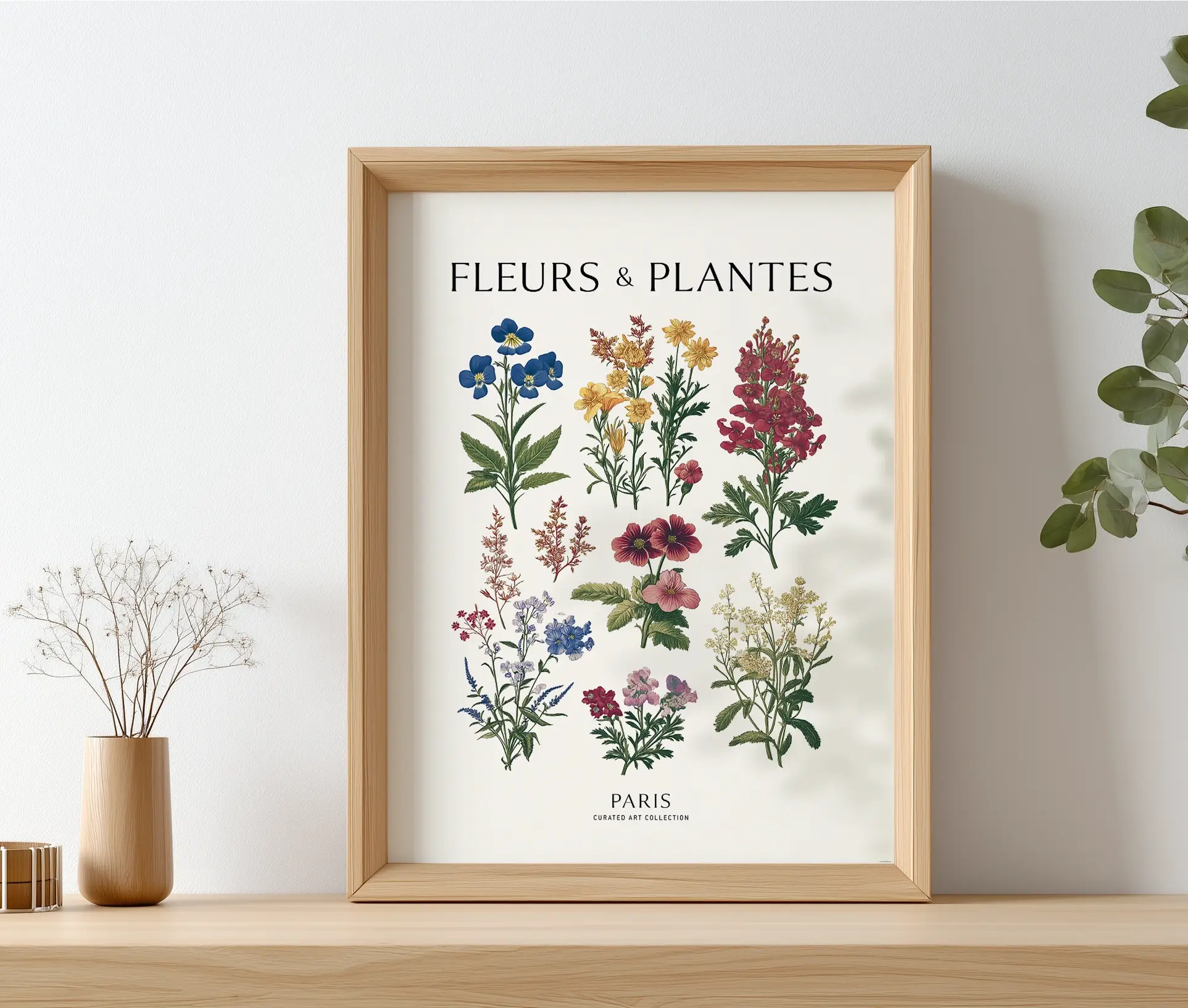 Botanisk plakat med blomster stående i ramme på møbel