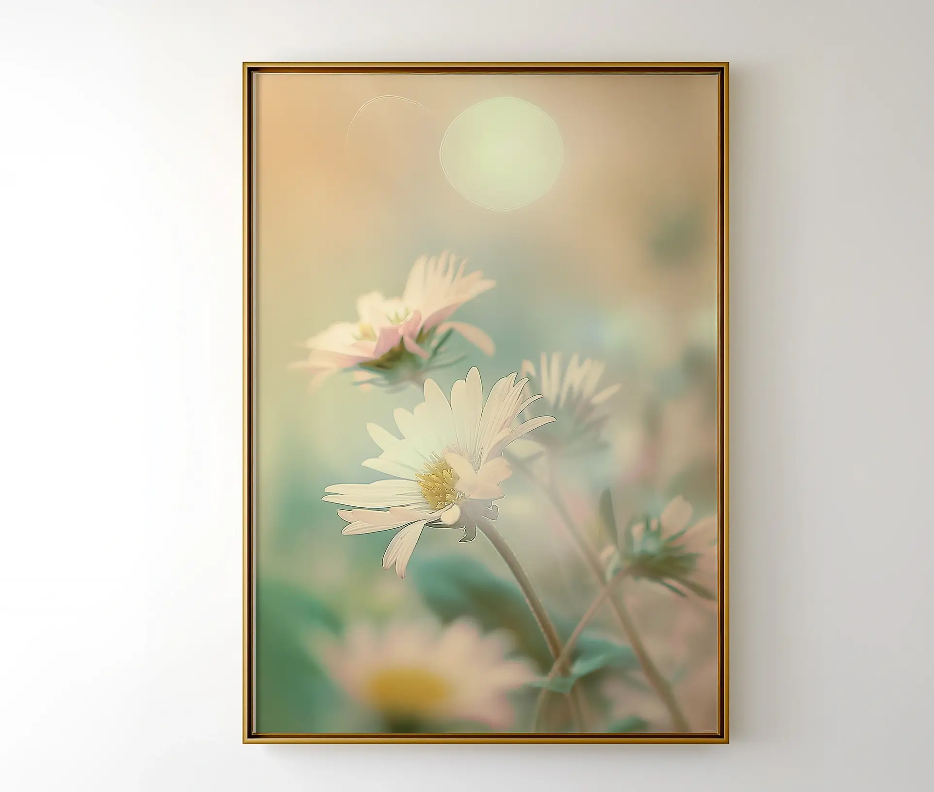 Plakat med margueritter i dæmpet og romantisk belysning