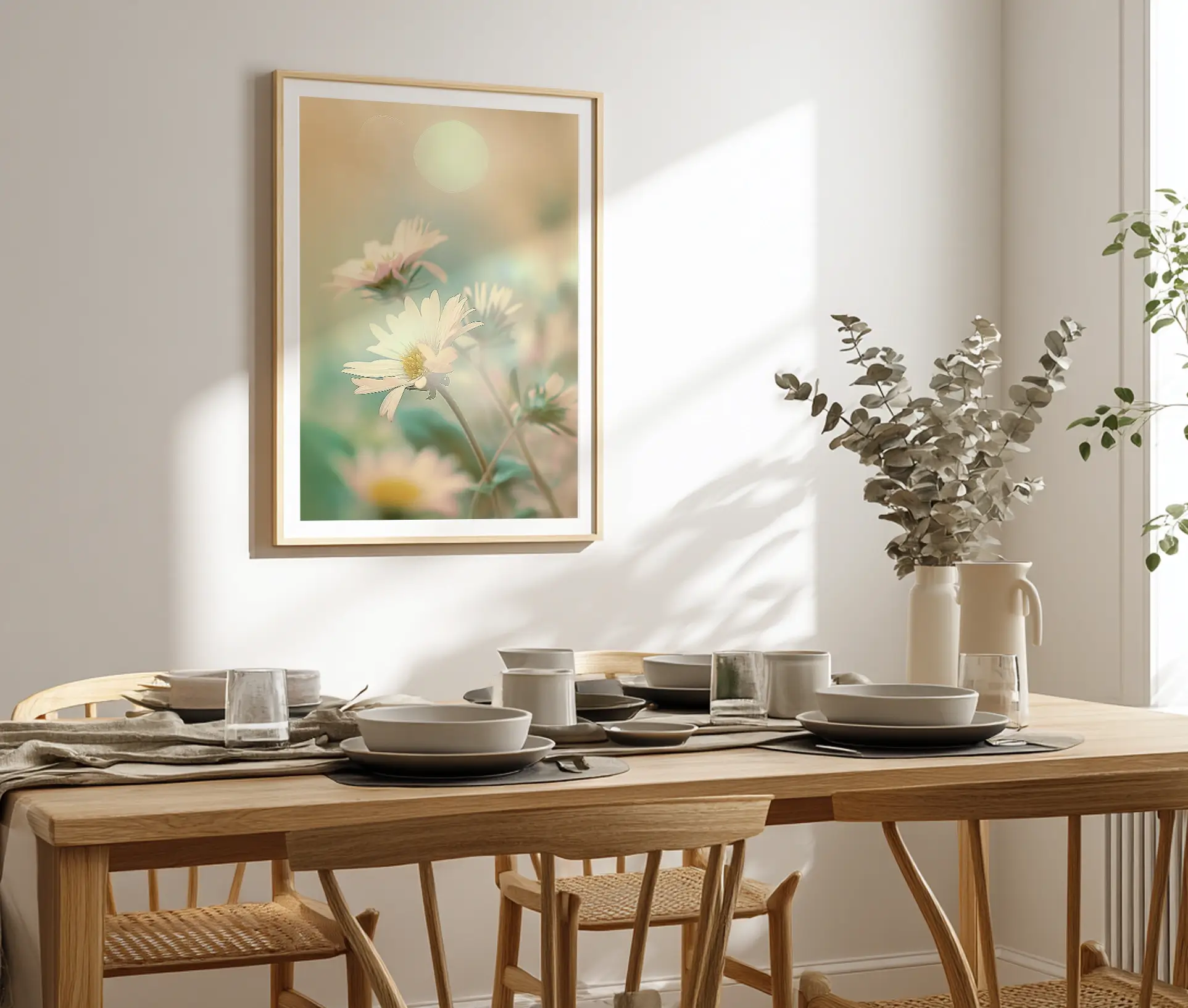 Plakat med margueritter i morgenlys hængende på væg