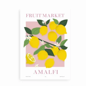 Plakat med citroner og grønne blade på rosa baggrund med teksten Fruit Market Amalfi
