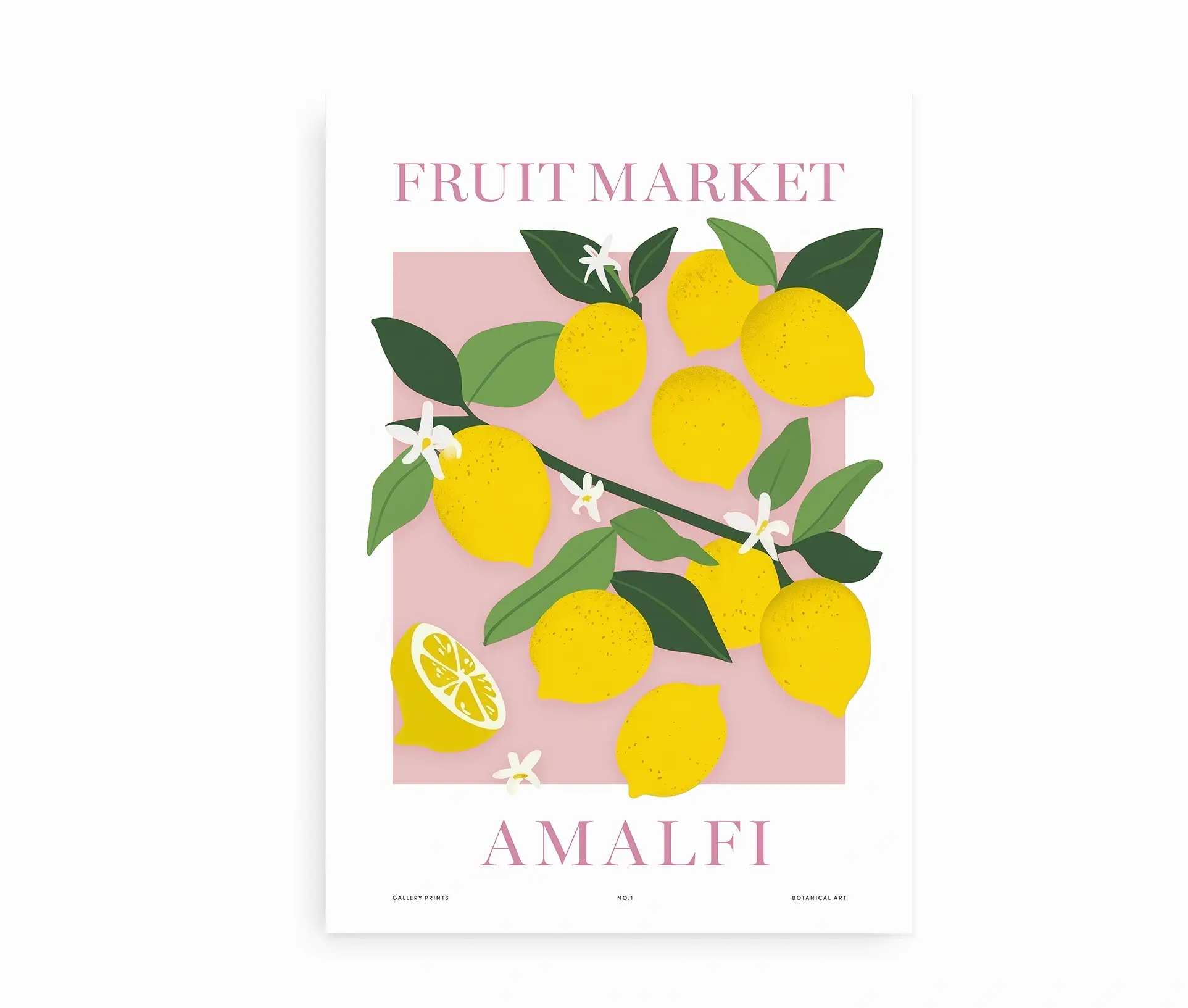 Plakat med citroner og grønne blade på rosa baggrund med teksten Fruit Market Amalfi