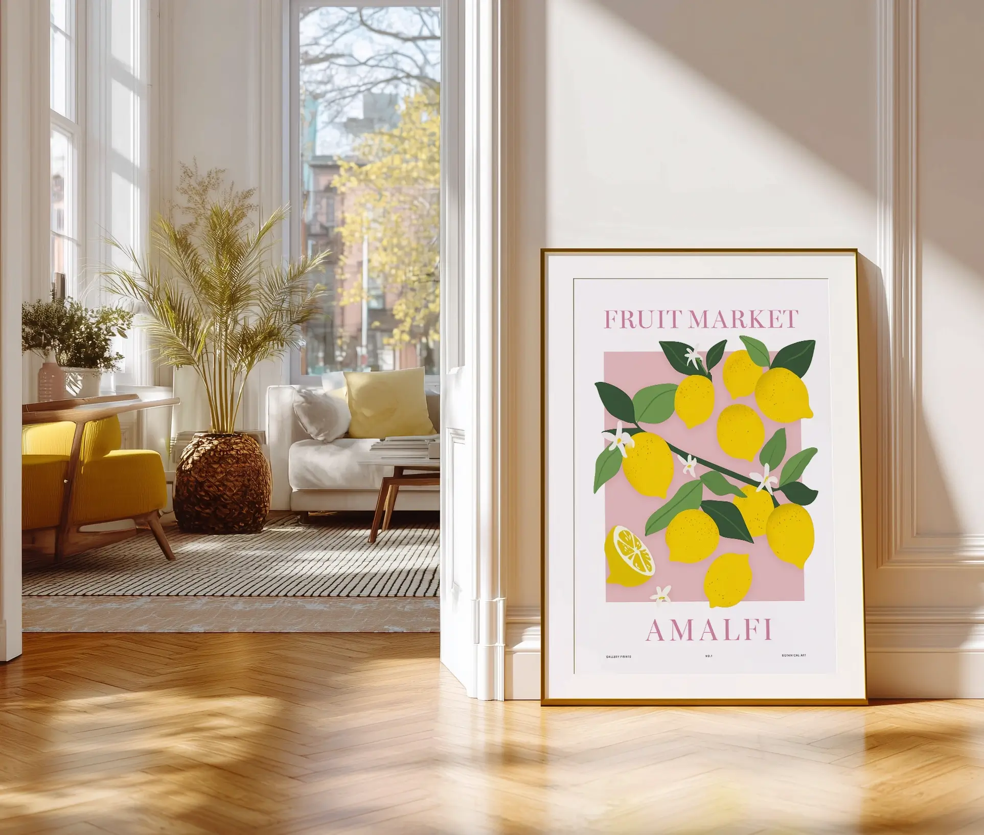 Plakat Fruit Market Amalfi med citroner placeret i ramme på gulv