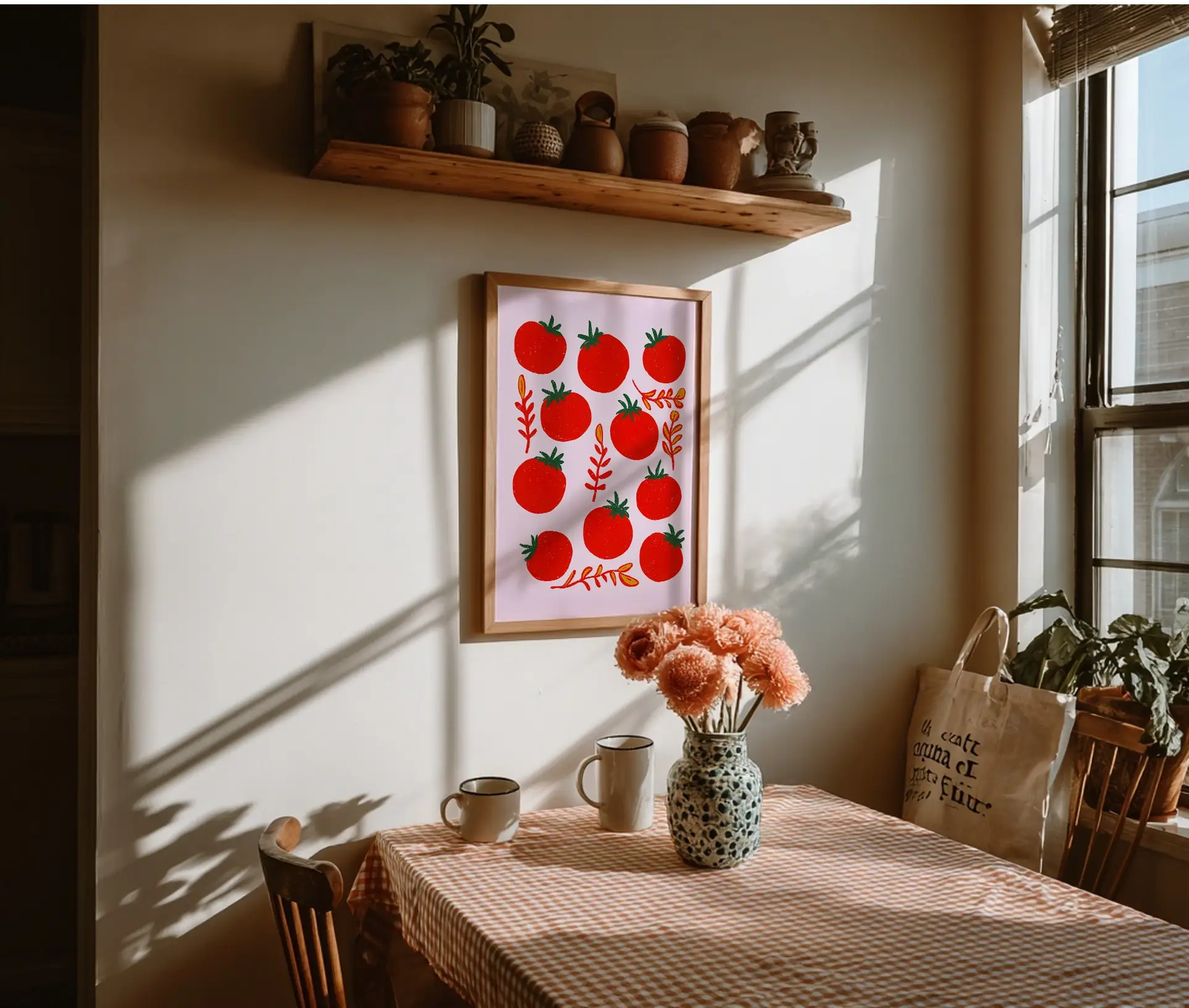 Plakat med illustration af tomater hængende på væg i køkken