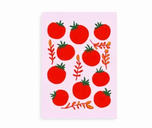 Plakat med illustration af røde tomater på lyserød baggrund