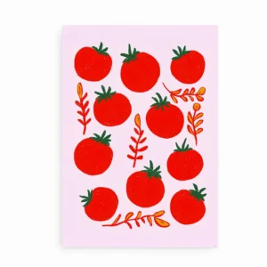 Plakat med illustration af røde tomater på lyserød baggrund