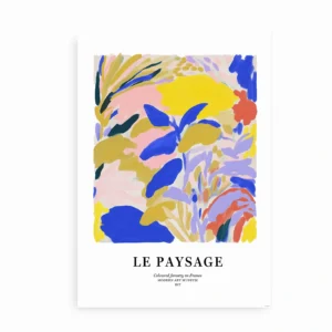 Plakat med abstrakt farvemotiv og fransk tekst centreret på hvid baggrund