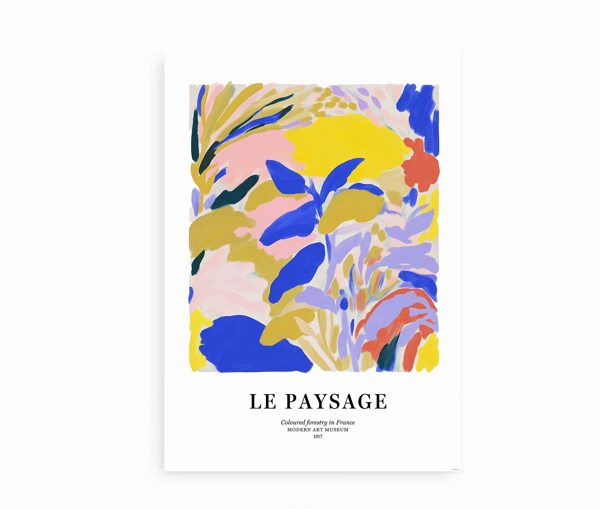 Plakat med abstrakt farvemotiv og fransk tekst centreret på hvid baggrund