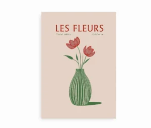 Plakat med røde tulipaner i grøn vase og teksten "Les Fleurs"