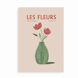 Plakat med røde tulipaner i grøn vase og teksten "Les Fleurs"