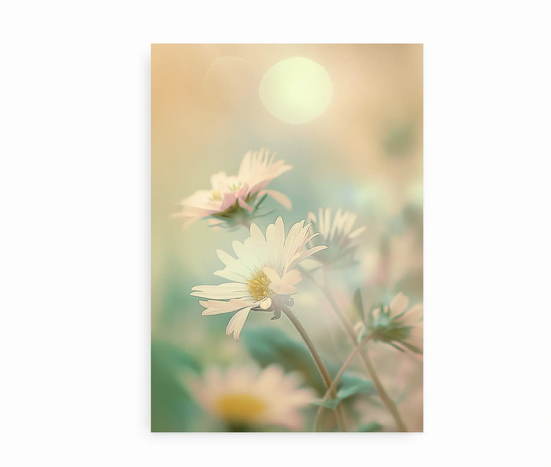 Plakat med hvid-gule margueritter i drømmende stil
