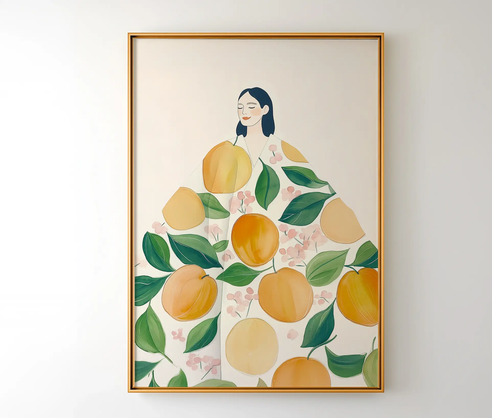 Plakat med dame i abrikosjakke indrammet i gylden ramme.