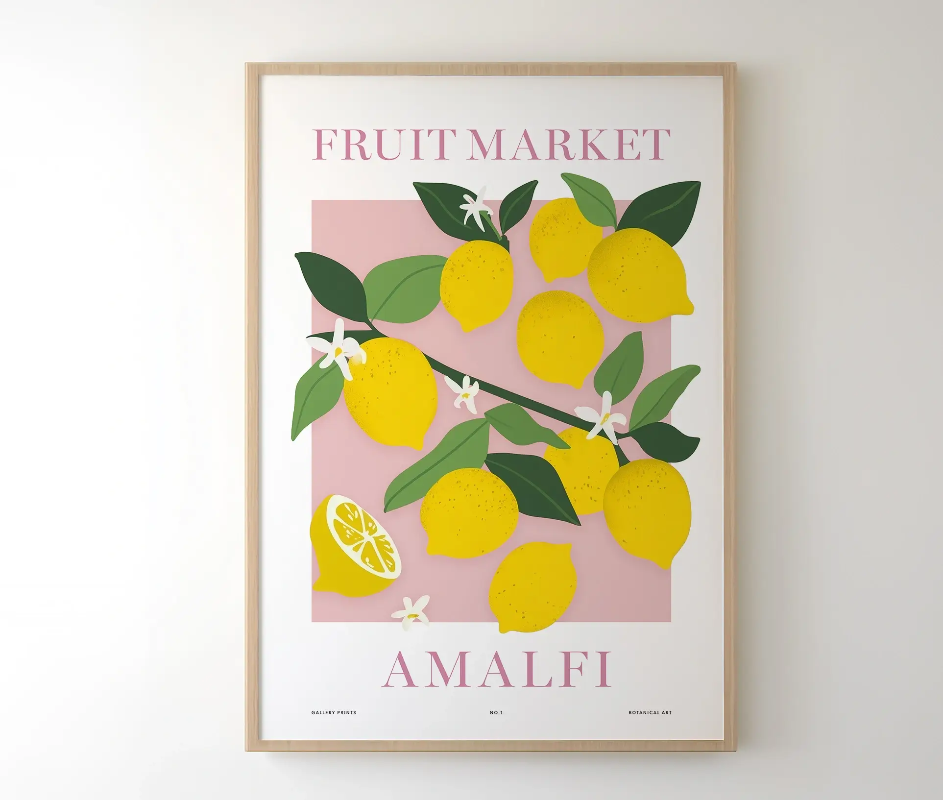 Plakat med citroner i ramme og teksten Fruit Market Amalfi