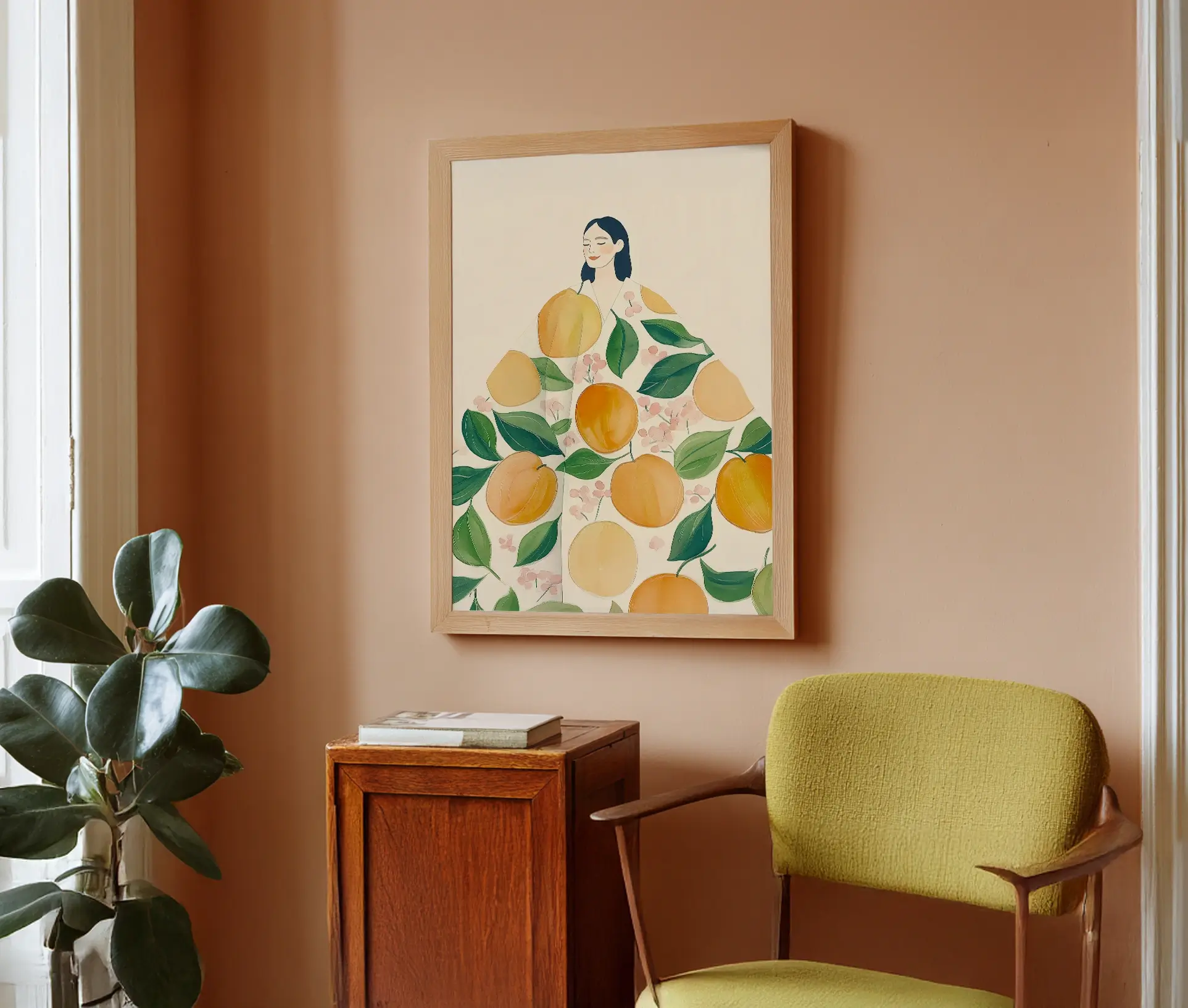 Plakat med dame i abrikosjakke i egetræsramme.