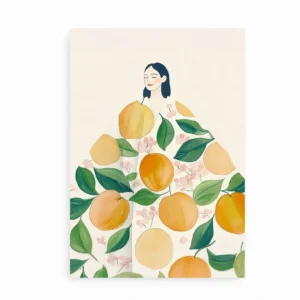 Plakat med maleri af dame i jakke dekoreret med abrikoser og grønne blade.