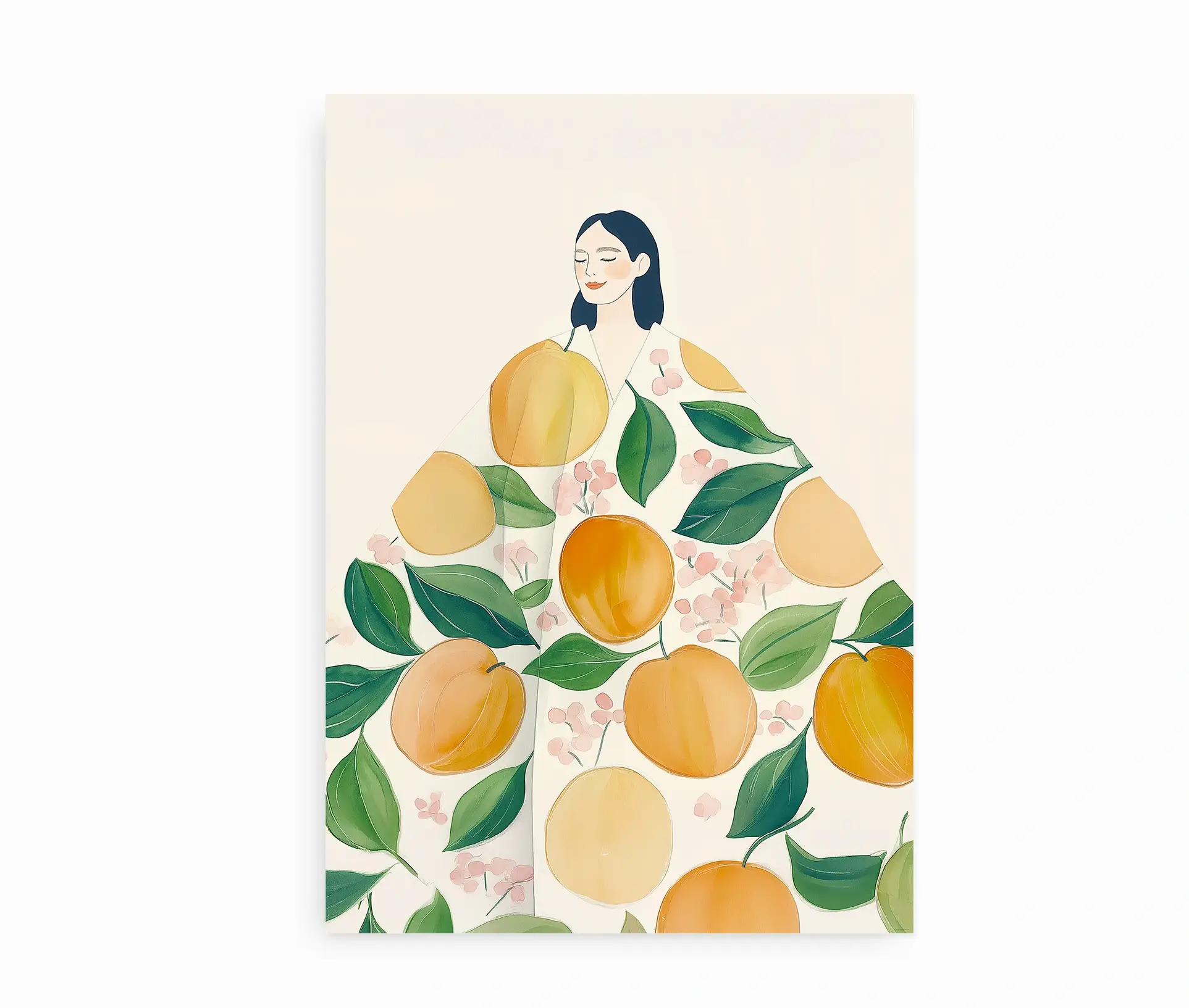Plakat med maleri af dame i jakke dekoreret med abrikoser og grønne blade.