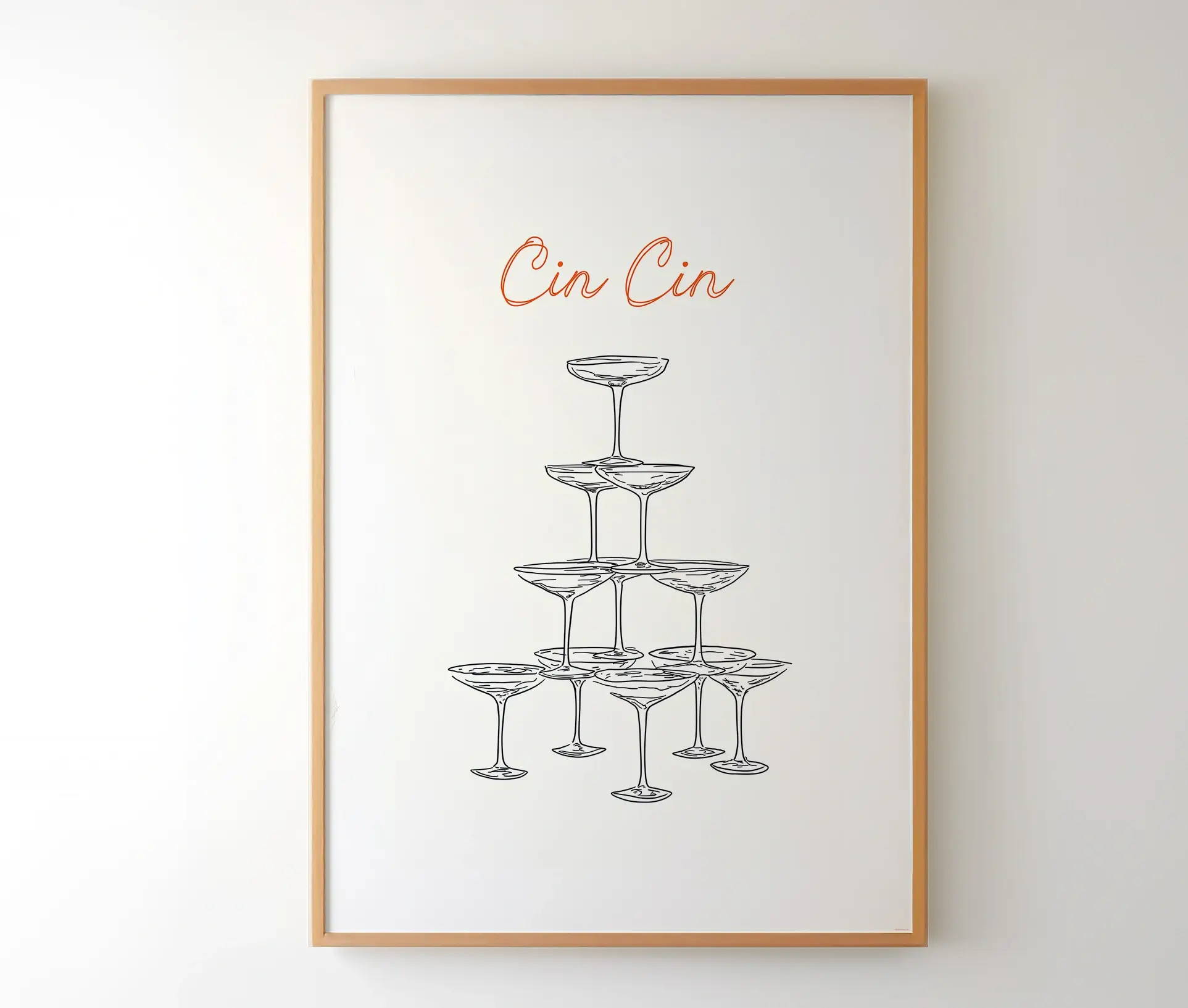 Plakat med teksten Cin Cin og illustration af cocktailglas i egetræsramme.