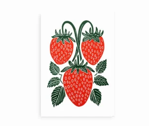 Plakat med illustration af tre røde jordbær og grønne blade
