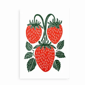 Plakat med illustration af tre røde jordbær og grønne blade