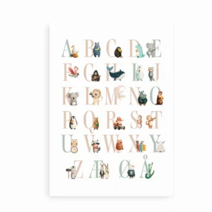 Alfabet plakat med dyr på hvid baggrund