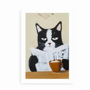 Plakat med sort-hvid kat, kaffe og avis.