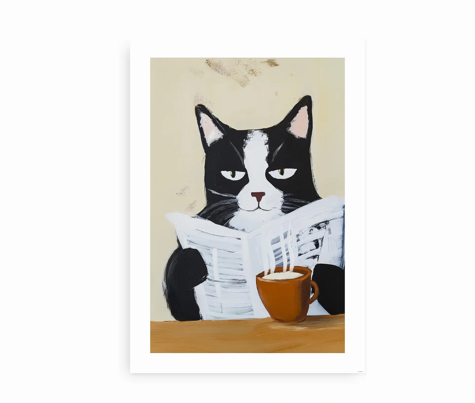 Plakat med sort-hvid kat, kaffe og avis.