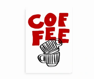 Coffee Cups kunstplakat med kaffekopper og grafisk typografi.