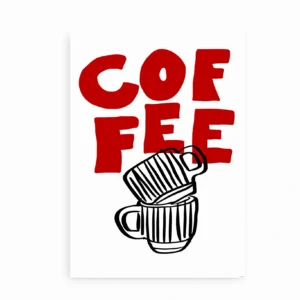 Coffee Cups kunstplakat med kaffekopper og grafisk typografi.
