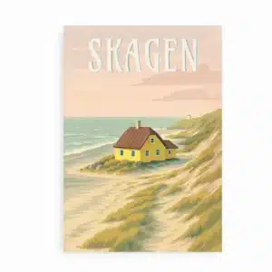 Plakat med gult hus i klitterne ved Skagen
