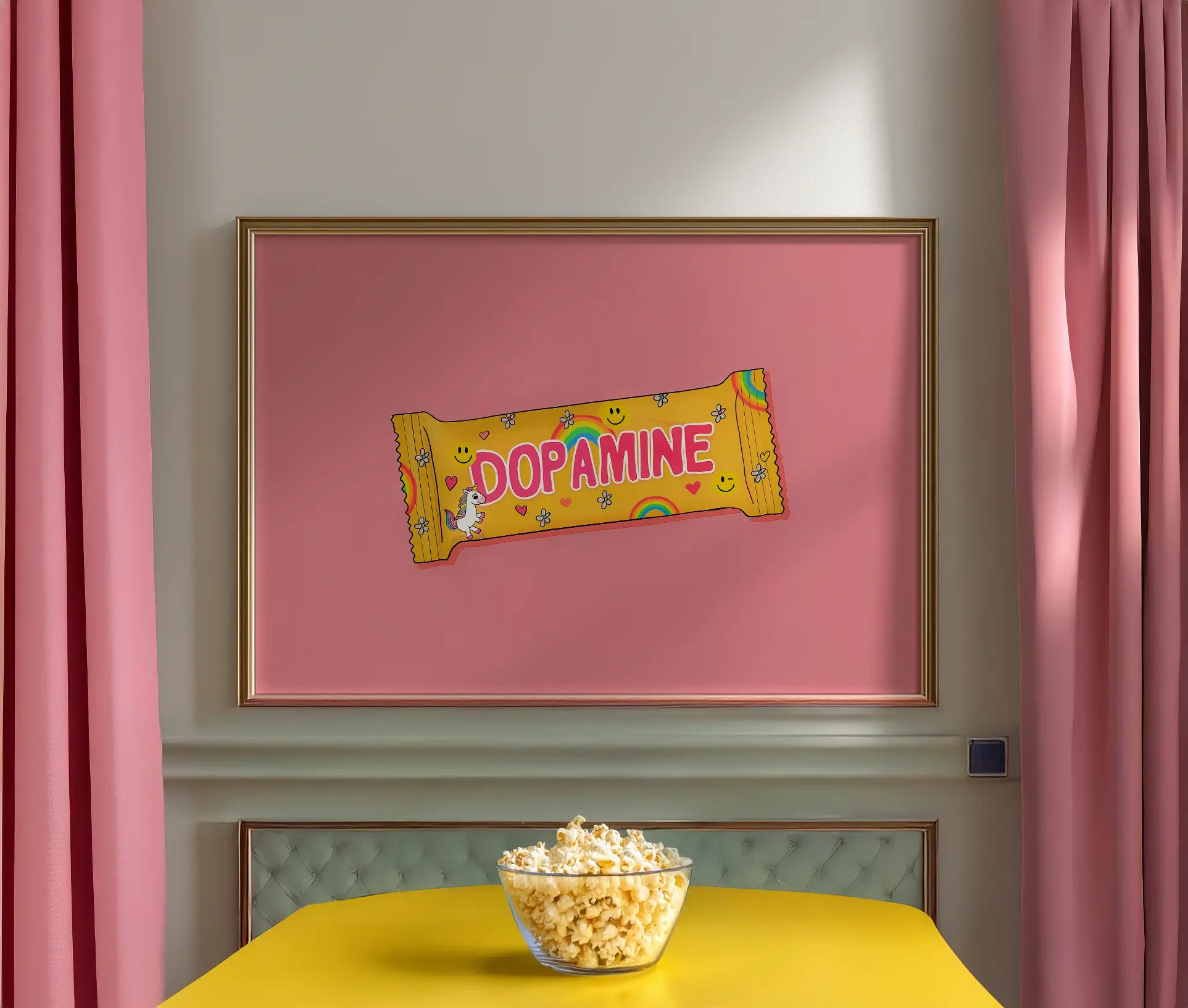 Dopamine plakat hængende i interiør med rosa gardiner og gul bordplade