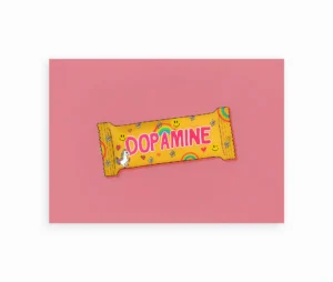 Plakat med gul slikindpakning og teksten Dopamine på rosa baggrund