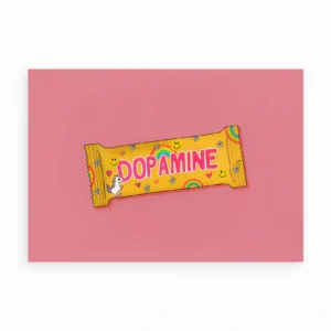 Plakat med gul slikindpakning og teksten Dopamine på rosa baggrund