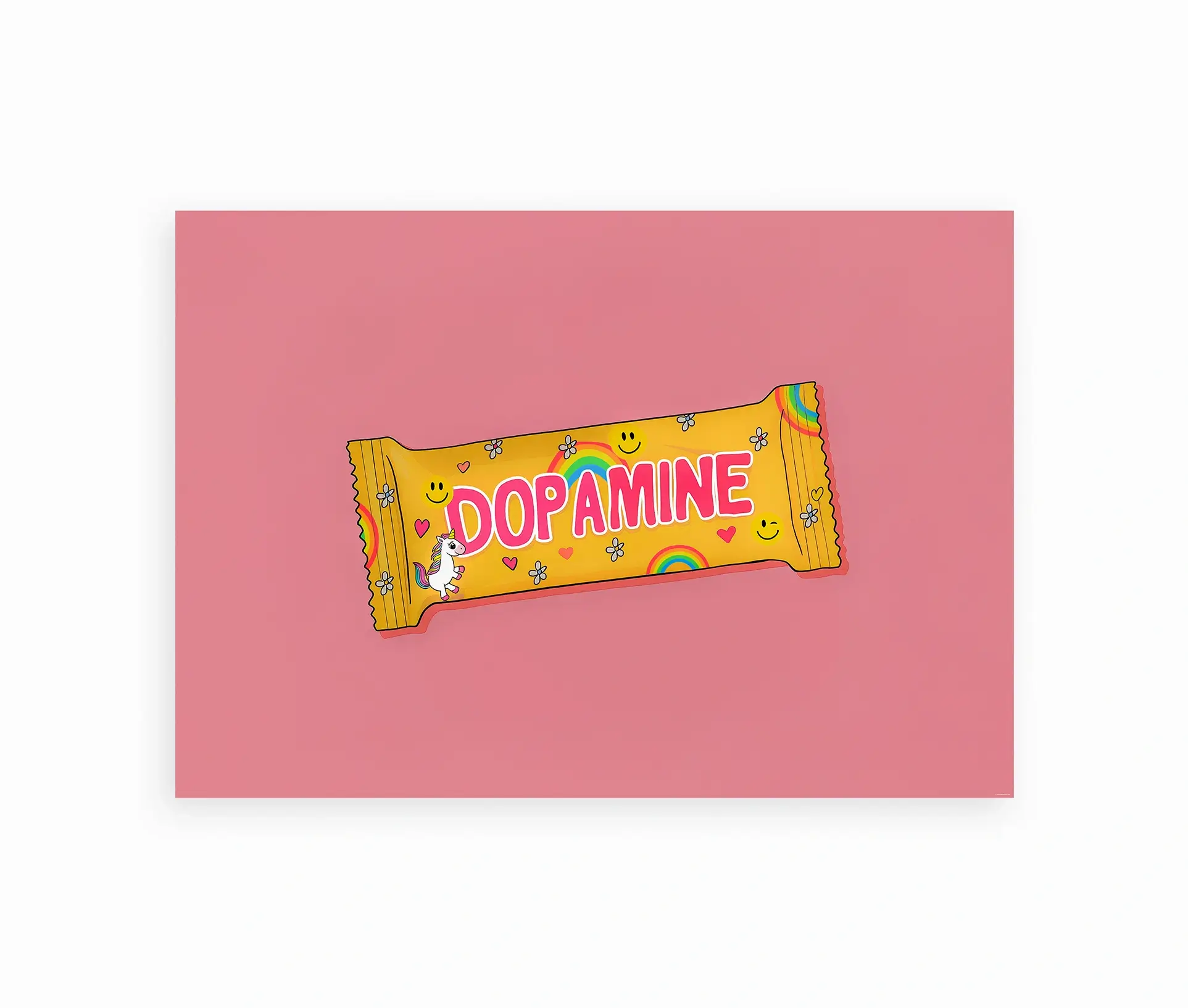 Plakat med gul slikindpakning og teksten Dopamine på rosa baggrund