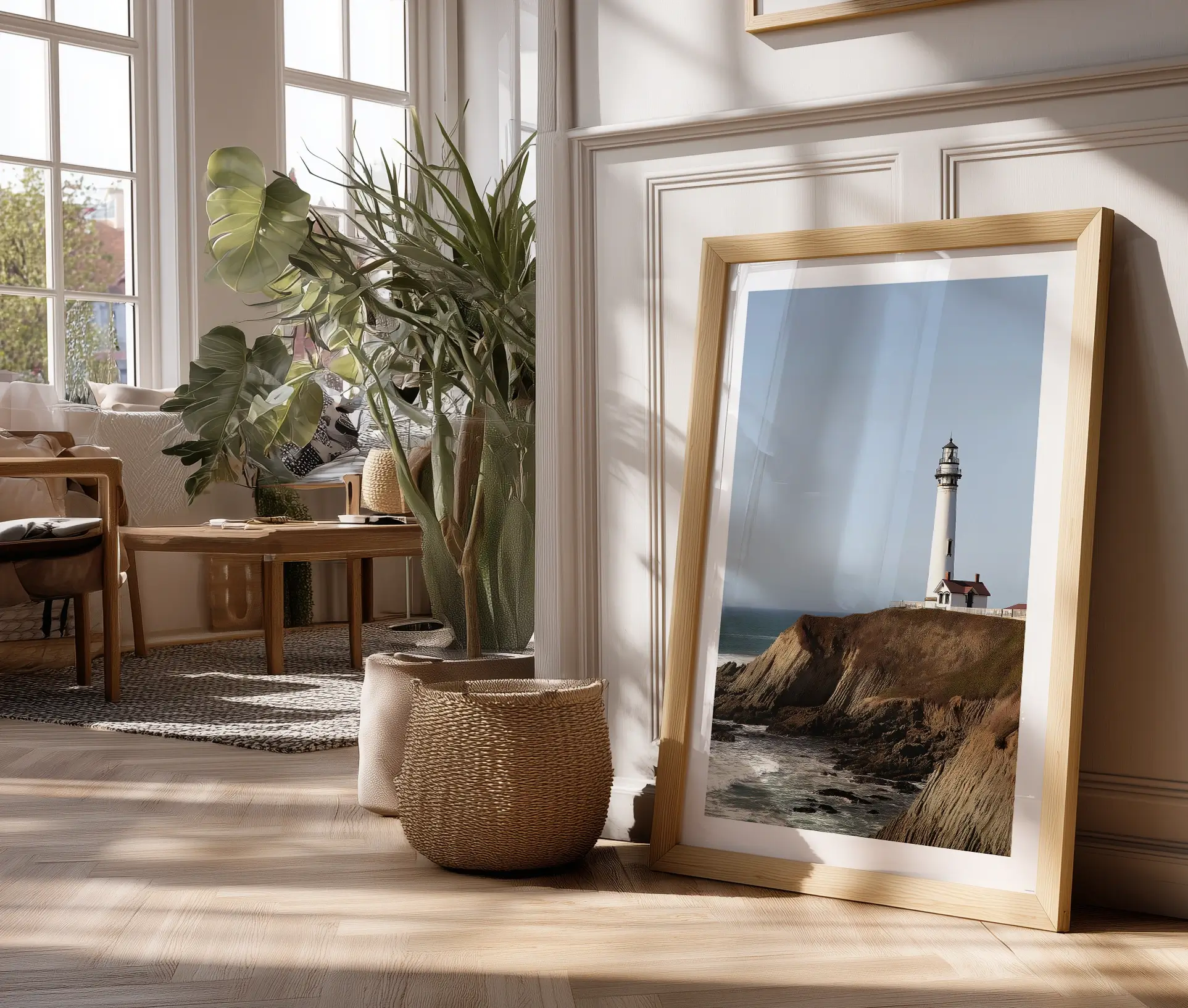 Fotoplakat med fyrtårn på klipper, stående i solrig stue.