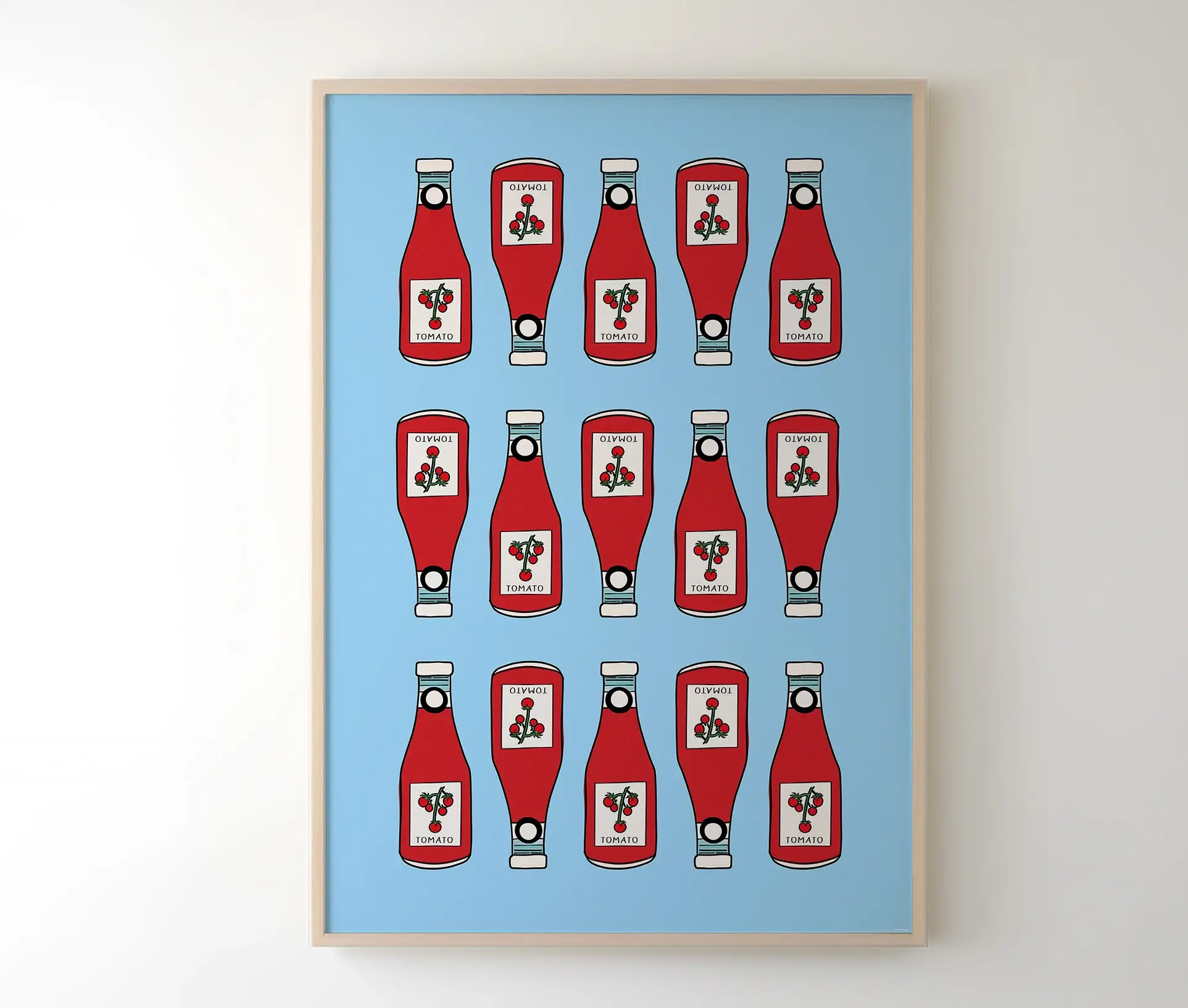 Ketchup Pop Art Plakat i egetræsramme hængende på væg