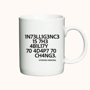 Hvidt krus med Stephen Hawking citat i leetspeak