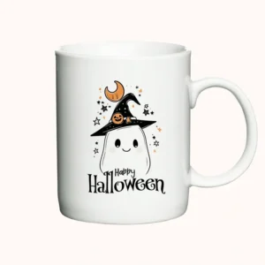 Hvidt krus med sødt spøgelse og teksten Happy Halloween.