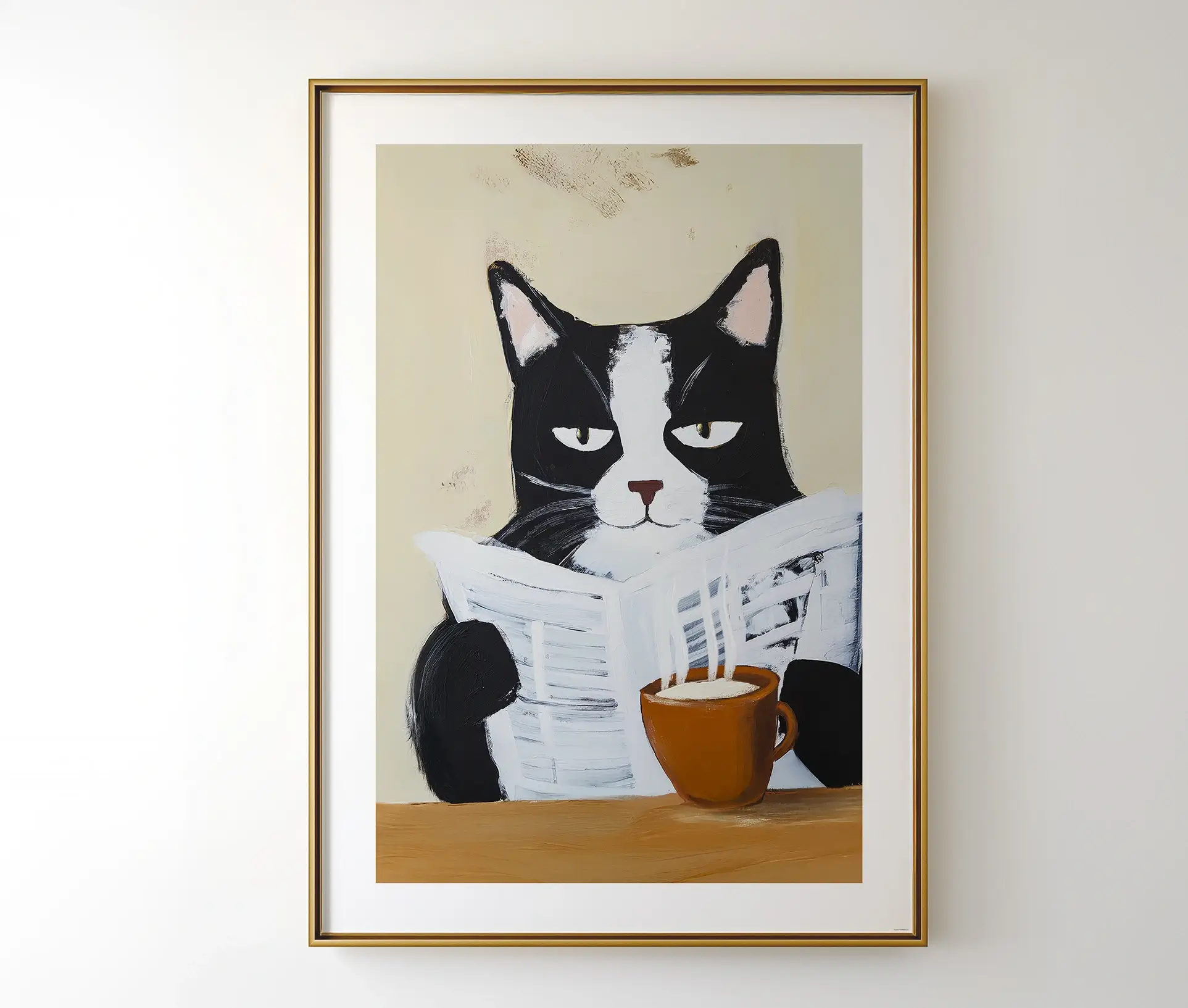 Cat at Morning Table plakat i ramme, hængende på lys væg.
