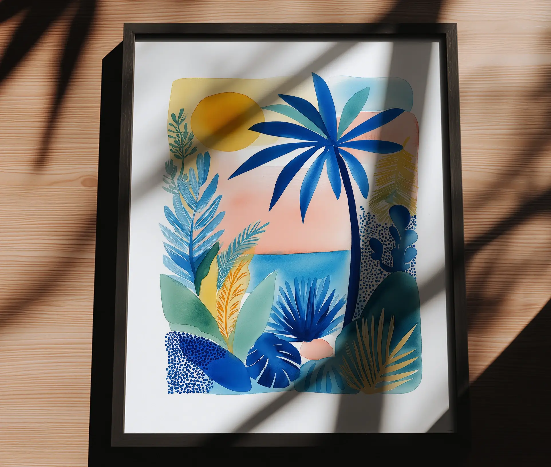 La Isla Bonita kunstplakat placeret på bord med skygger