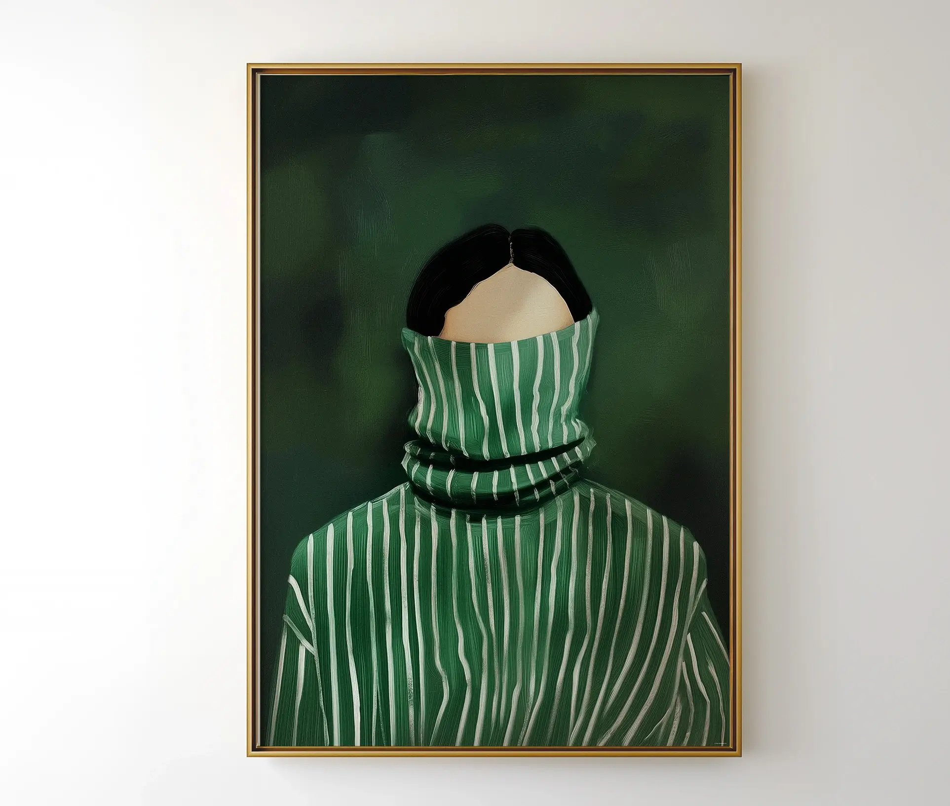 Plakat med kunstnerisk illustration af kvinde i grønstribet striktrøje – Personal Hideout