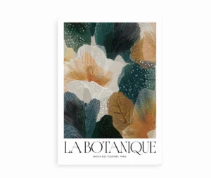 La Botanique Paris – kunstplakat med blomster i varme nuancer.