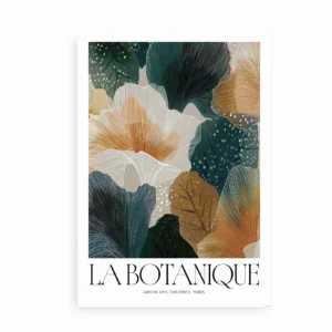 La Botanique Paris – kunstplakat med blomster i varme nuancer.