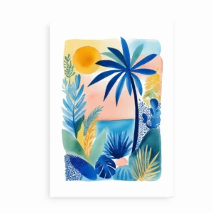 Farverig plakat med tropisk motiv af palmer og sol