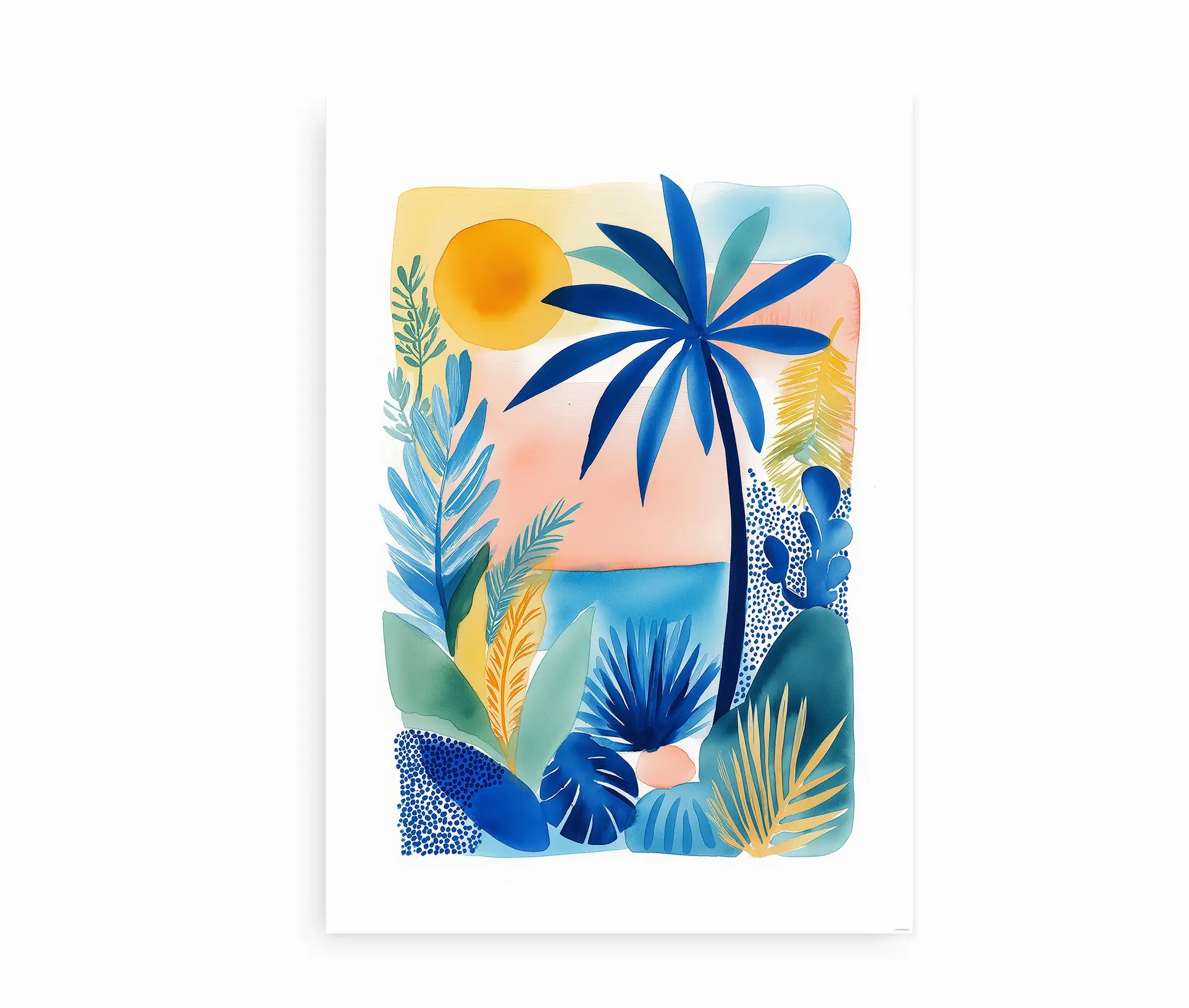 Farverig plakat med tropisk motiv af palmer og sol