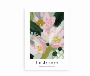 Le Jardin plakat med abstrakt blomstermotiv i rosa og grønne nuancer