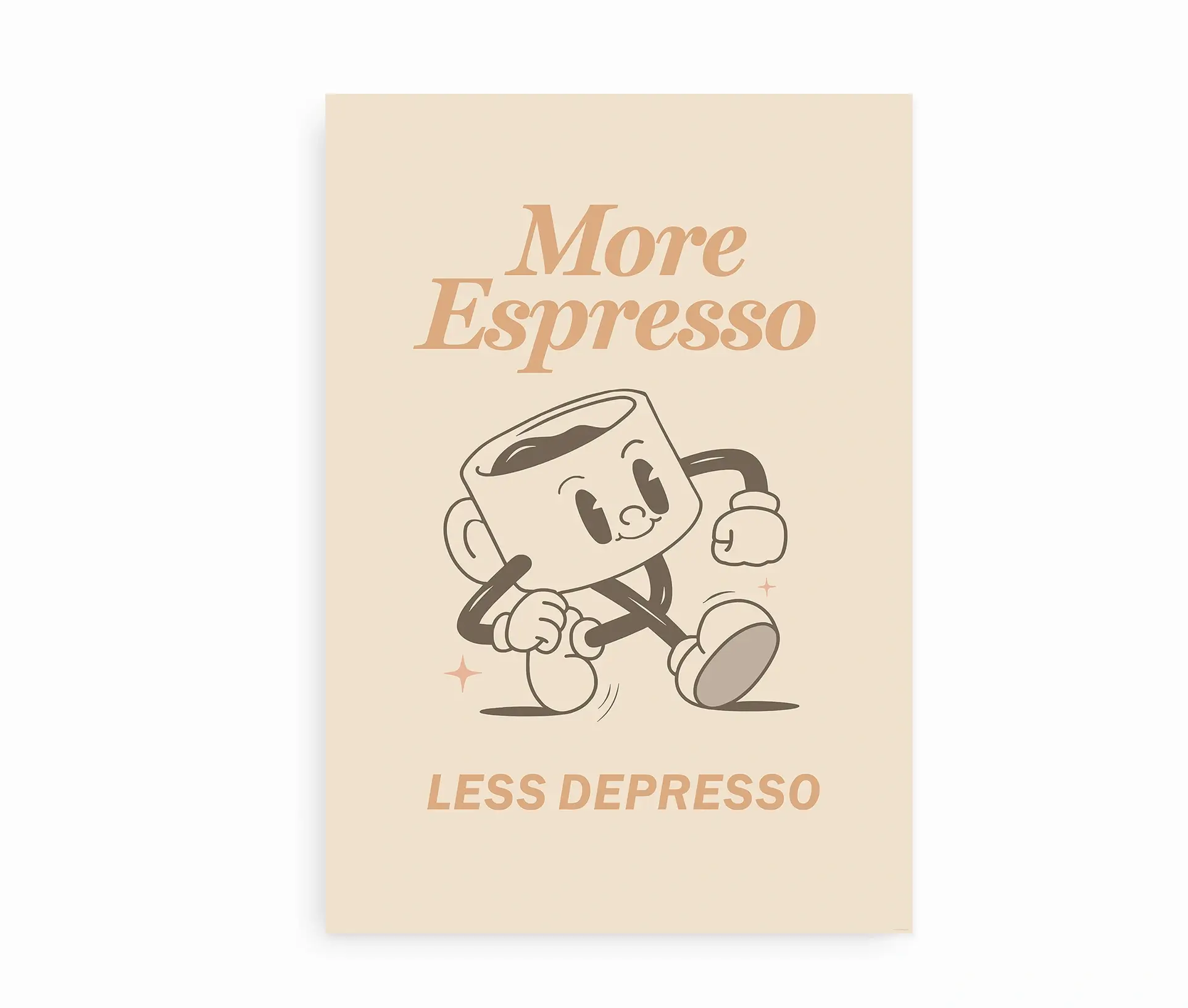 More Espresso Less Depresso plakat med retro tegneseriefigur.