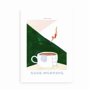 Kaffeplakat Morning Coffee Swim i gylden ramme på væg