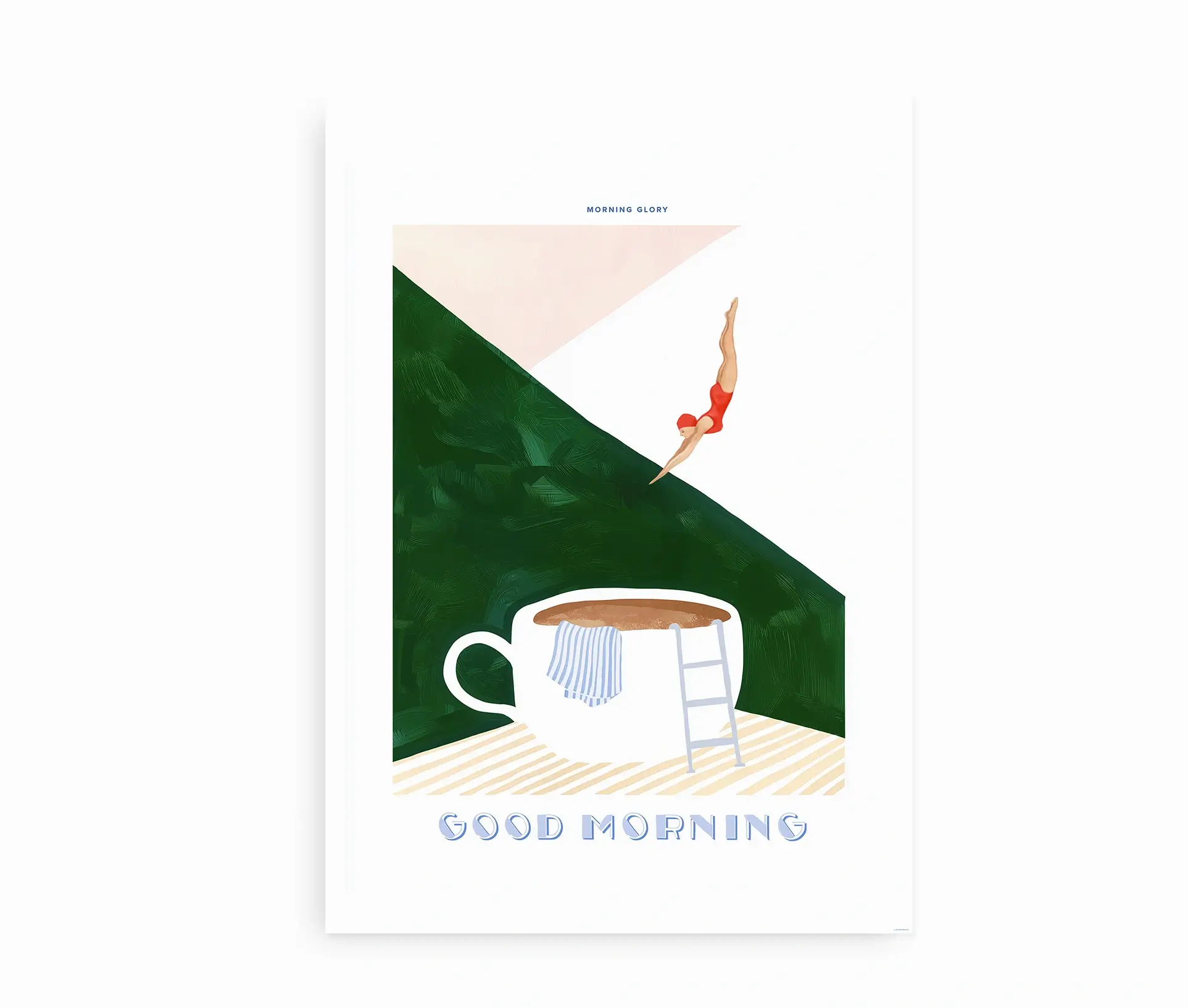 Kaffeplakat Morning Coffee Swim i gylden ramme på væg