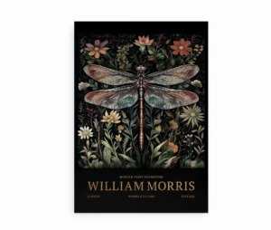 William Morris plakat med guldsmed og blomster i mørke nuancer.