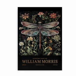 William Morris plakat med guldsmed og blomster i mørke nuancer.