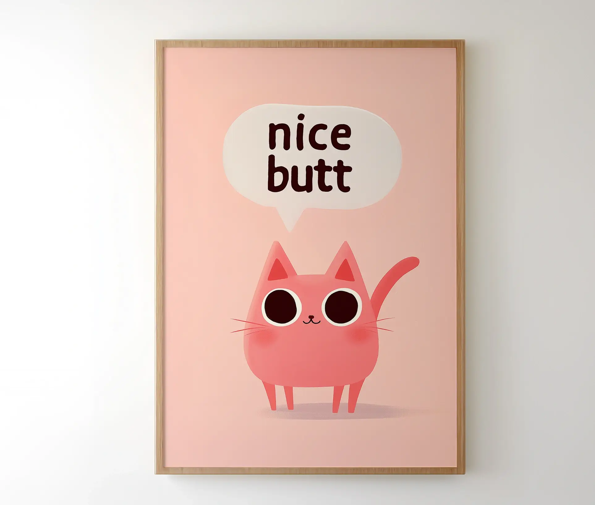 Plakat med katten og teksten Nice Butt indrammet på væg